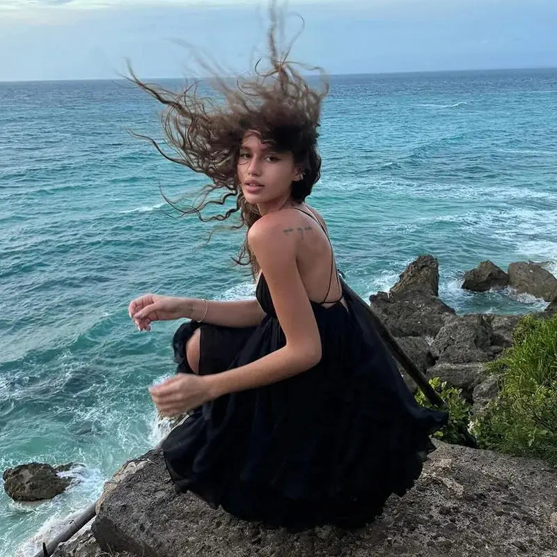 Ruffled Chiffon Mini Dress with Back Ties - Tulum