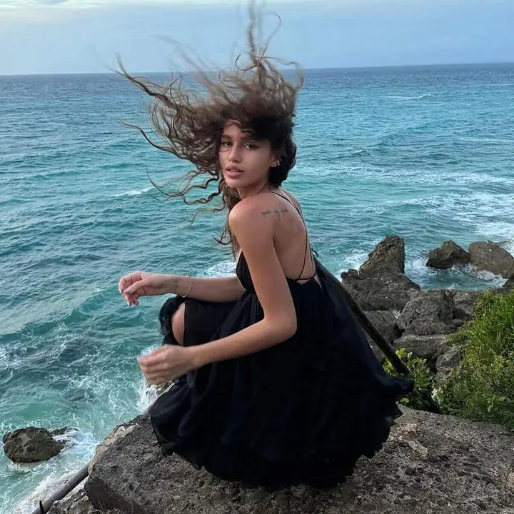 Ruffled Chiffon Mini Dress with Back Ties - Tulum