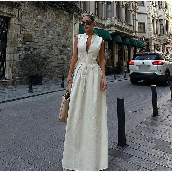 Tailored A-Line Maxi Dress with Front Zipper Closure - Adriana