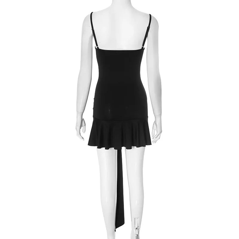 Ruffled Mini Dress with Spaghetti Strap Tie Detail - Selena