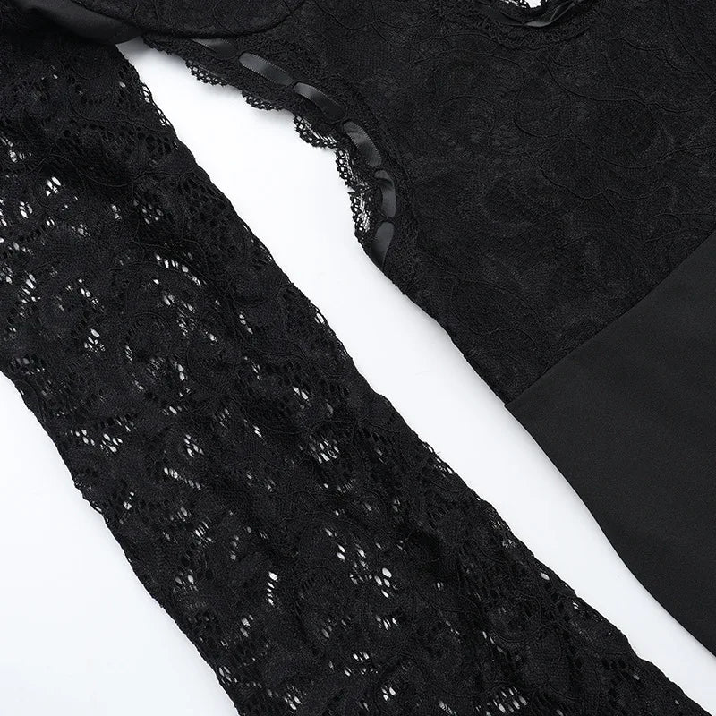 Jumpsuit with Lace Top and Shaped Fabric Pants, Open Back Design - Viviana