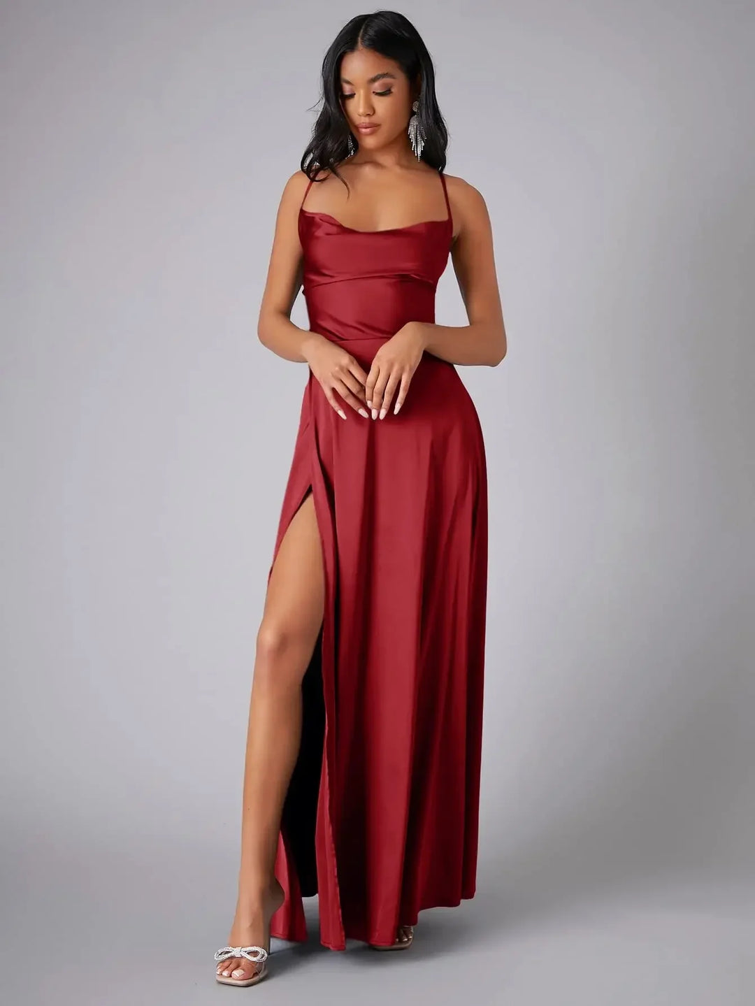 Maxi Satin Dress with Slit Detail and Back Tie - Leona