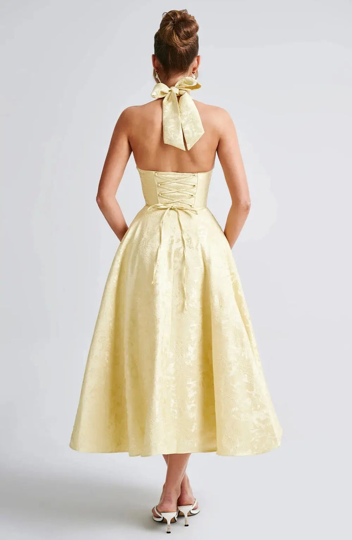 Midi A-Line Dress with Neck Tie, Open Back, Floral Embroidery Detail - Flora