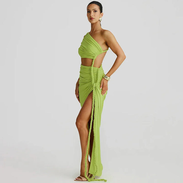 Maxi One-Shoulder Dress with Cutout and Slit, Braided Detail - Panama