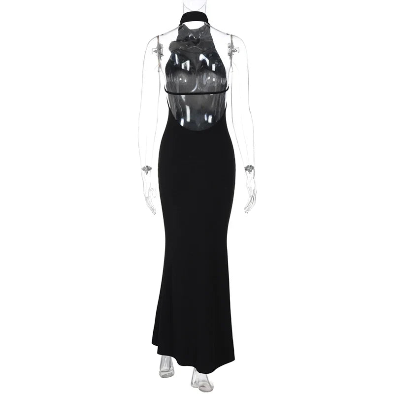 Knitted Collar Maxi Dress with Flower Decoration and Open Back - Amalia