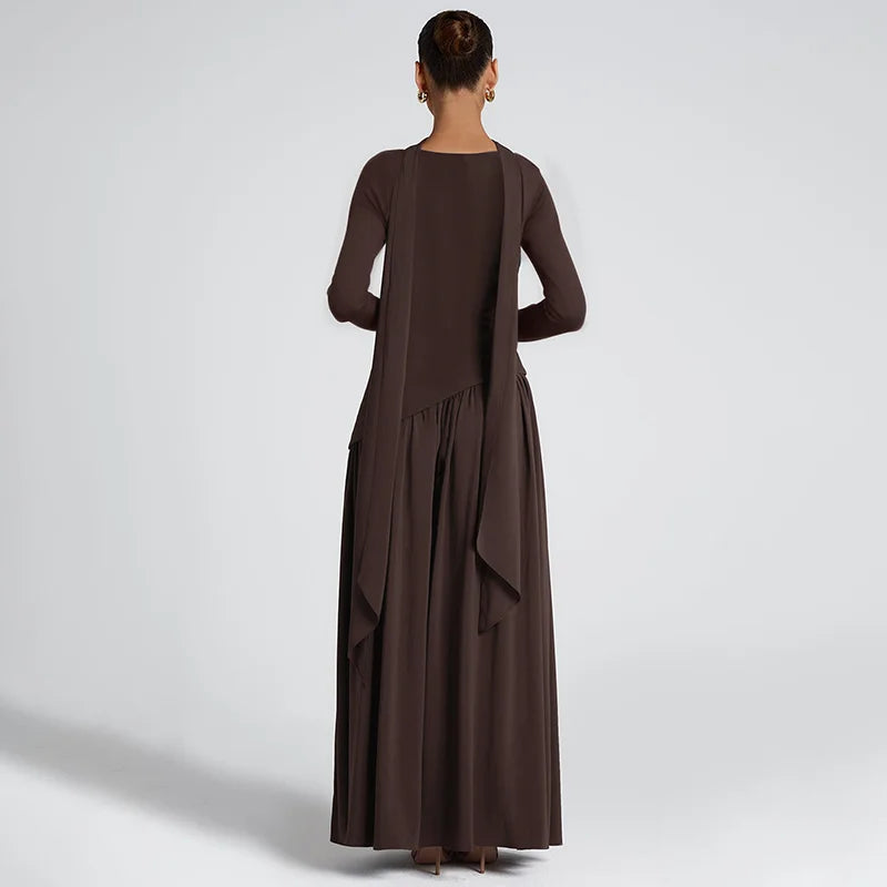 Elegant Maxi Dress with Slit and Scarf Decoration - RONA LI