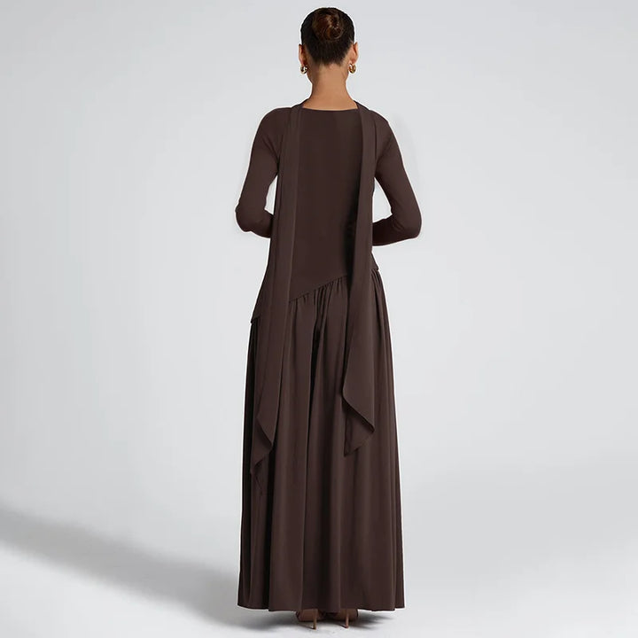 Elegant Maxi Dress with Slit and Scarf Decoration - RONA LI