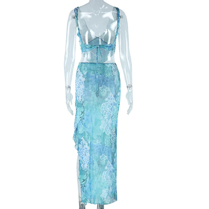 Two-Piece Set with Tropical Print, Top and Ruffled Maxi Skirt with Slit - MAYA