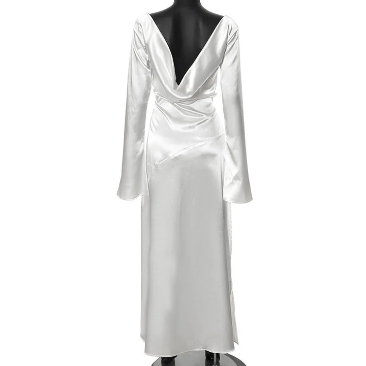 Maxi satin evening dress with open back, slit, and bell sleeves - Marian