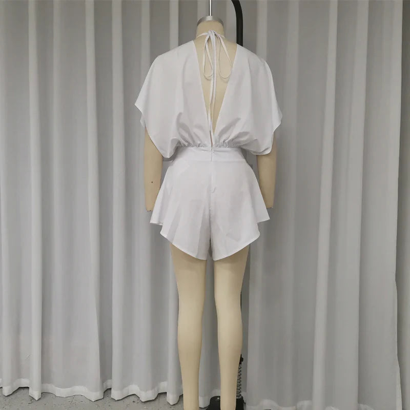 Short Satin Jumpsuit with Deep V-Neck Mini Dress Design - Esti