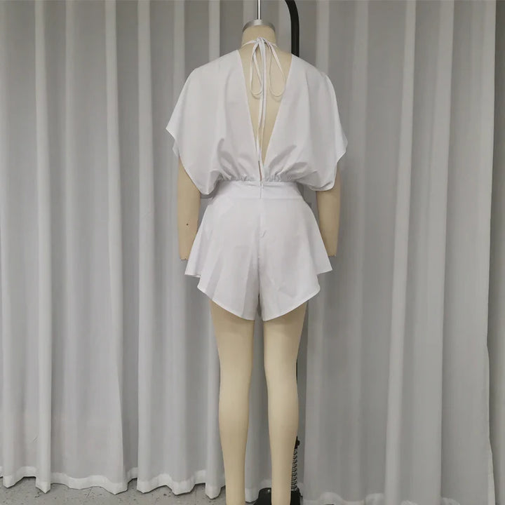 Short Satin Jumpsuit with Deep V-Neck Mini Dress Design - Esti