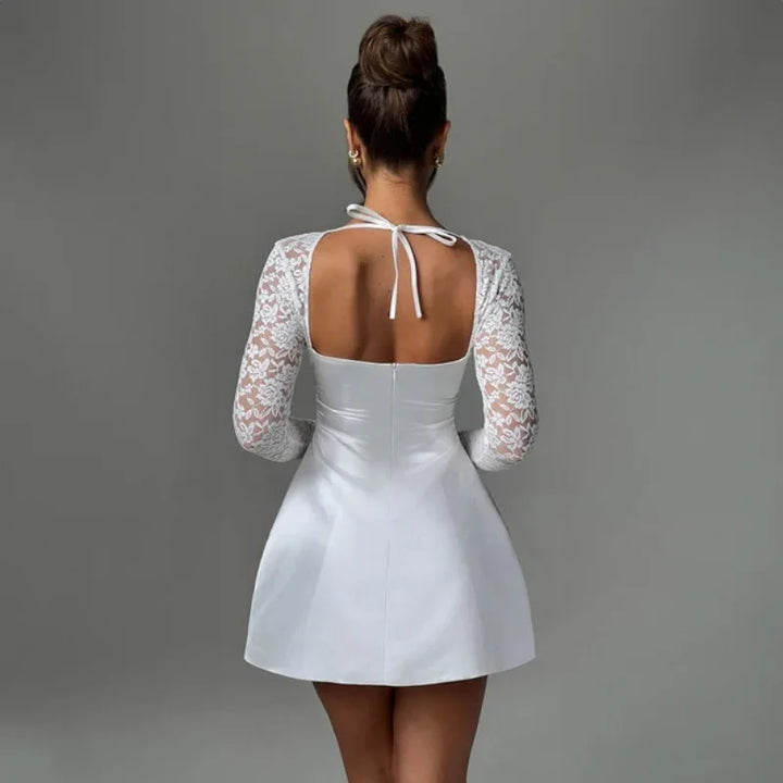 Satin Mini Dress with Lace Sleeves - Far