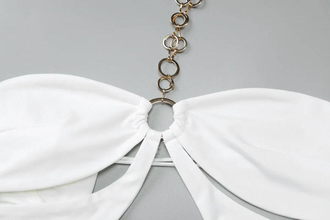 Maxi Dress with Collar, Cutouts, Gold Hoops, and Off-Shoulder Design - Alma