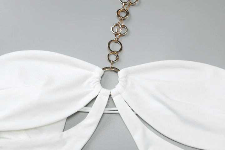 Maxi Dress with Collar, Cutouts, Gold Hoops, and Off-Shoulder Design - Alma