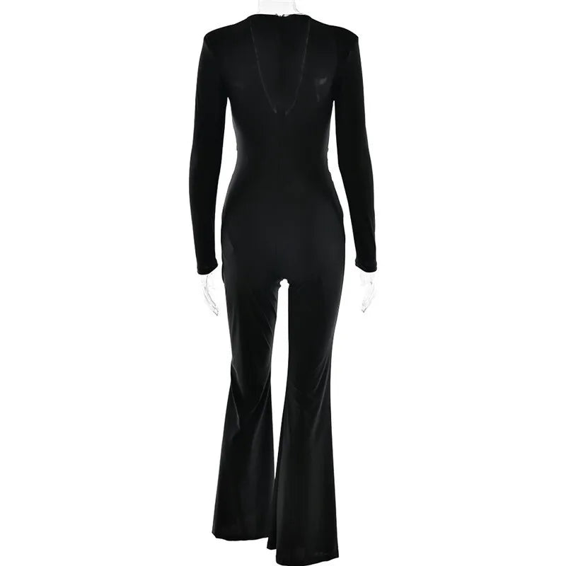 Fitted long jumpsuit with shaping fabric, deep V neckline, and cross decoration - Laini