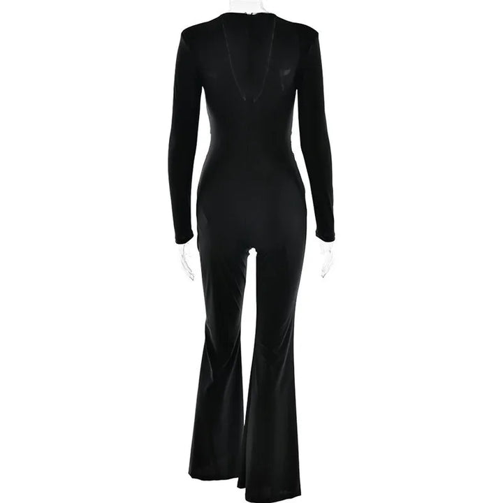 Fitted long jumpsuit with shaping fabric, deep V neckline, and cross decoration - Laini