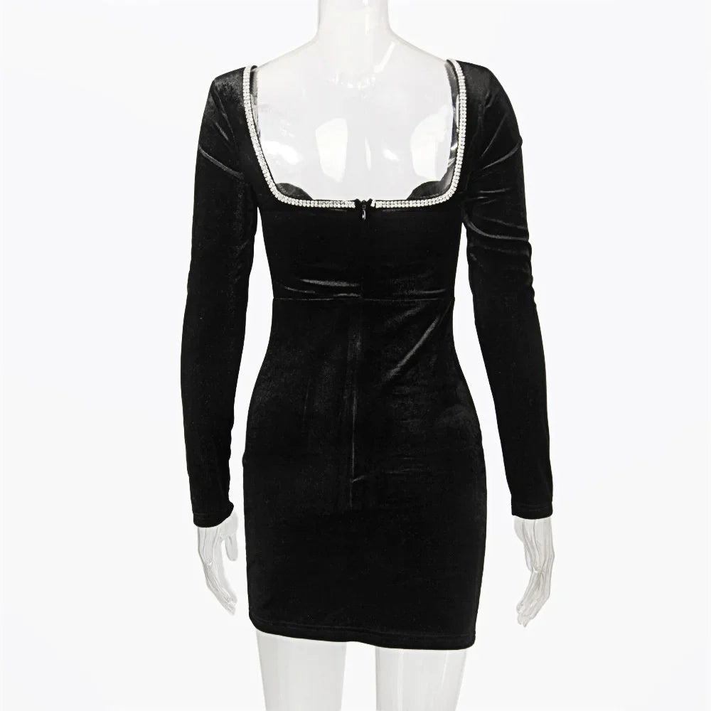 Mini velvet dress with deep V neckline decorated with diamonds - SANA