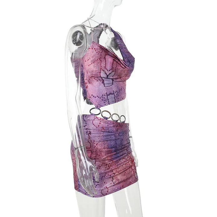 Mini dress with split design and special print with hoop buckle details - Kami