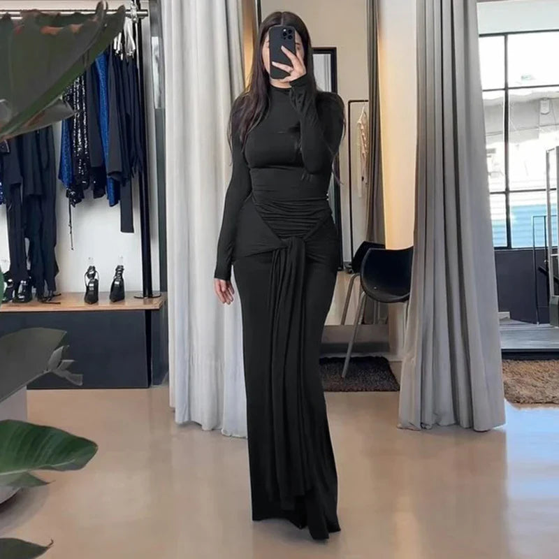 Maxi Dress with Turtleneck Collar, Gathered Design, and Tie - Margarita