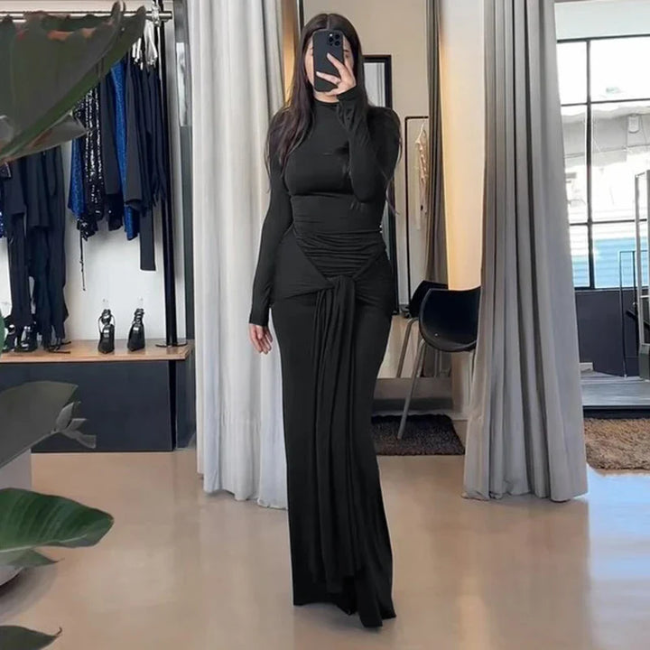 Maxi Dress with Turtleneck Collar, Gathered Design, and Tie - Margarita