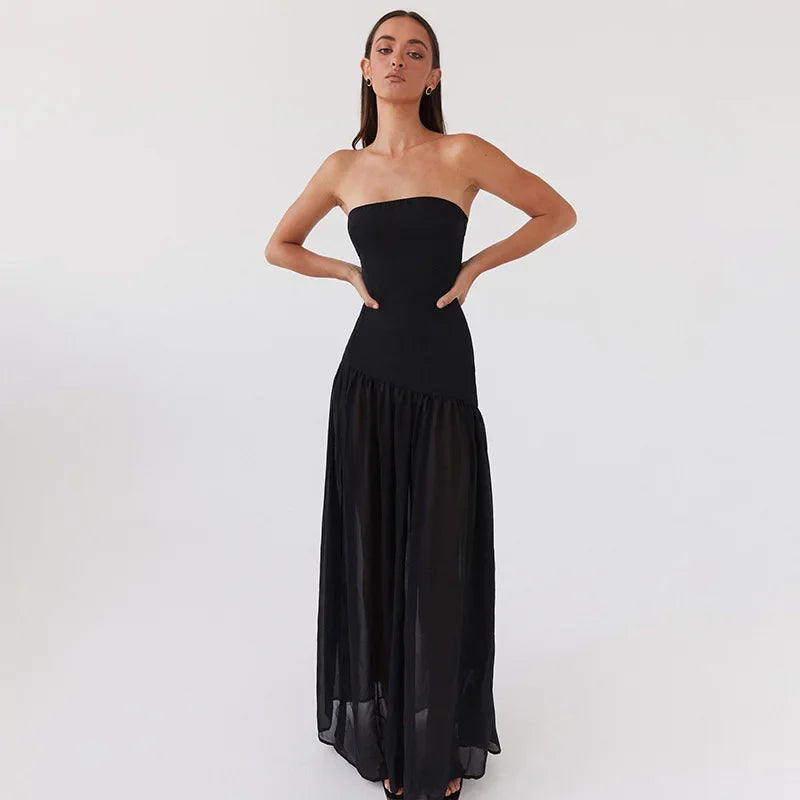 Maxi Strapless Chiffon Dress with Slit Detail - Pia