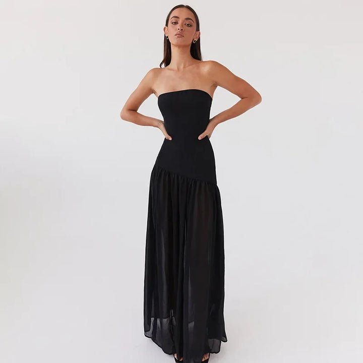 Maxi Strapless Chiffon Dress with Slit Detail - Pia