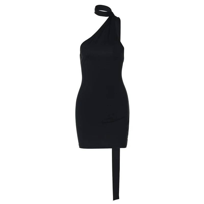 Mini Dress with Open Back, Asymmetric Collar, and Neck Tie Decoration - Rain