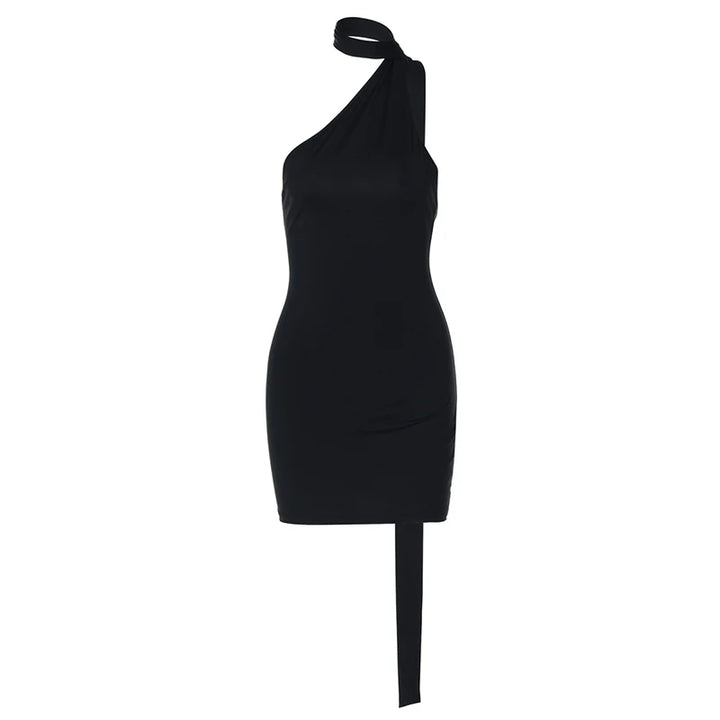 Mini Dress with Open Back, Asymmetric Collar, and Neck Tie Decoration - Rain