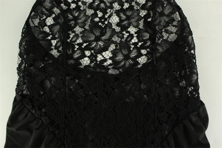 Maxi Dress with Collar, Lace Design, Sheer Hem, and Open Back - Eliza