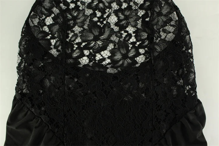 Maxi Dress with Collar, Lace Design, Sheer Hem, and Open Back - Eliza