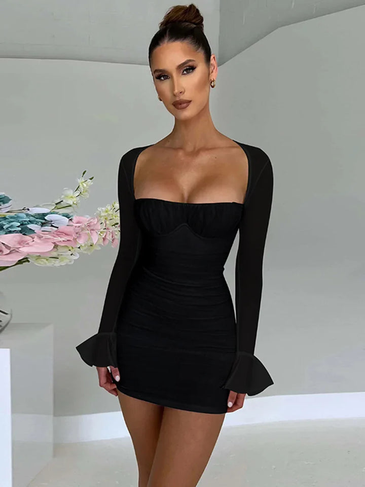 Ruched mini dress with open back and mesh sleeves - Ariana