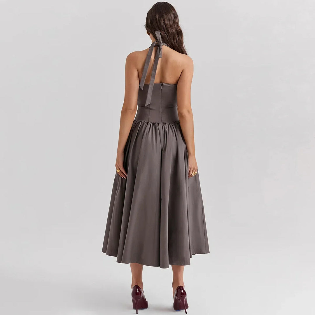 Midi A-Line Dress with Corset Design, Neck Tie - Tanya