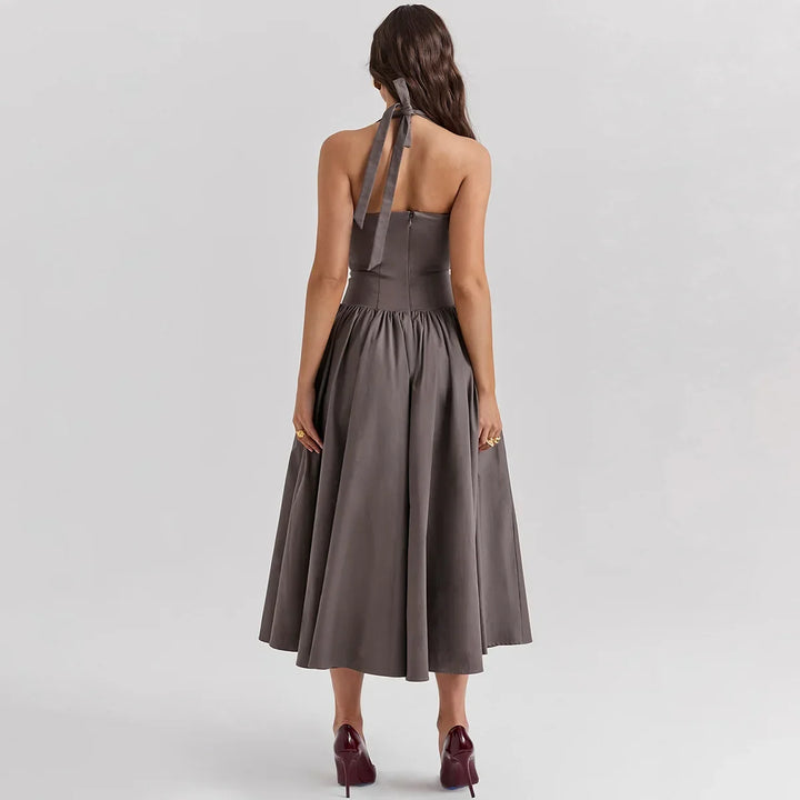Midi A-Line Dress with Corset Design, Neck Tie - Tanya