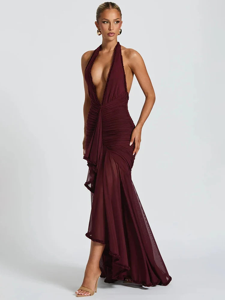 Maxi chiffon dress with ruffles, tie neck, and open back - MARGARITA