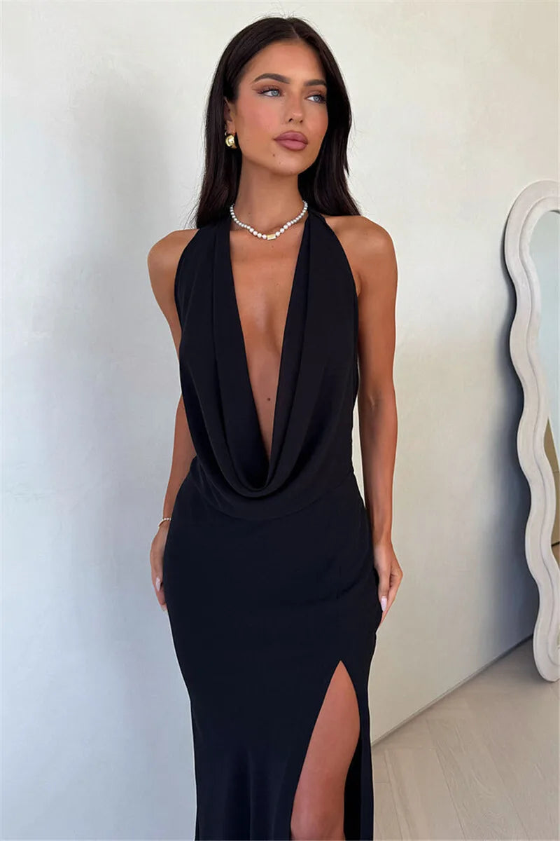 Maxi dress with draped V neckline, tie slit, and open back - Miren