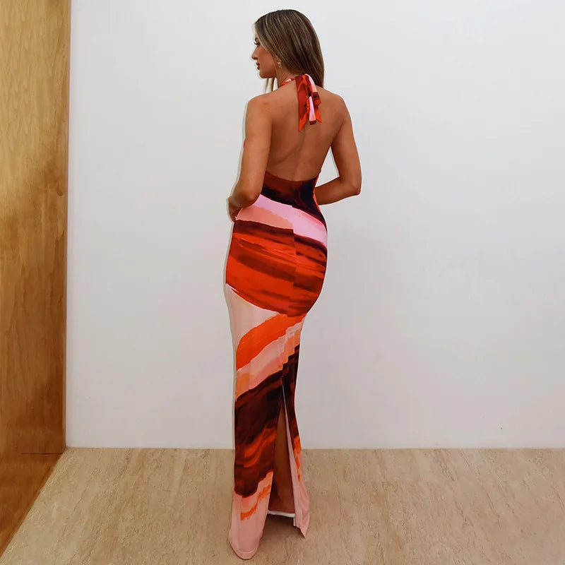 Maxi Dress with Colorful Print, Neck Tie, and Open Back - Chulia