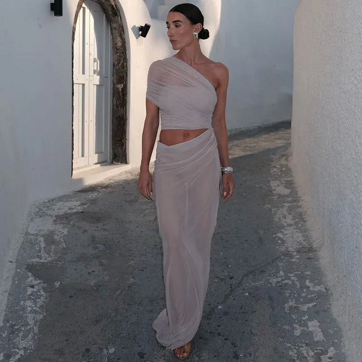 Asymmetric Chiffon Maxi Dress with Slit - Shi Lin