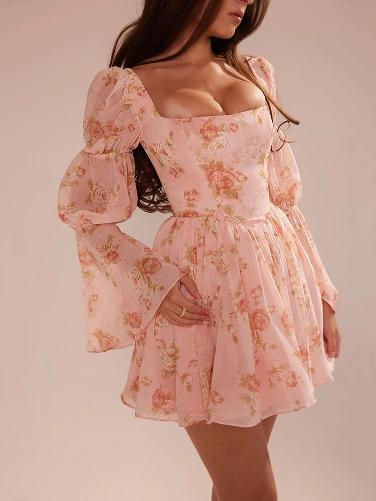 Floral Chiffon Mini Dress with A-Line Cut and Bell Sleeves - Florencia