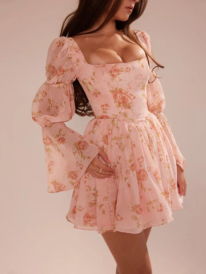 Floral Chiffon Mini Dress with A-Line Cut and Bell Sleeves - Florencia