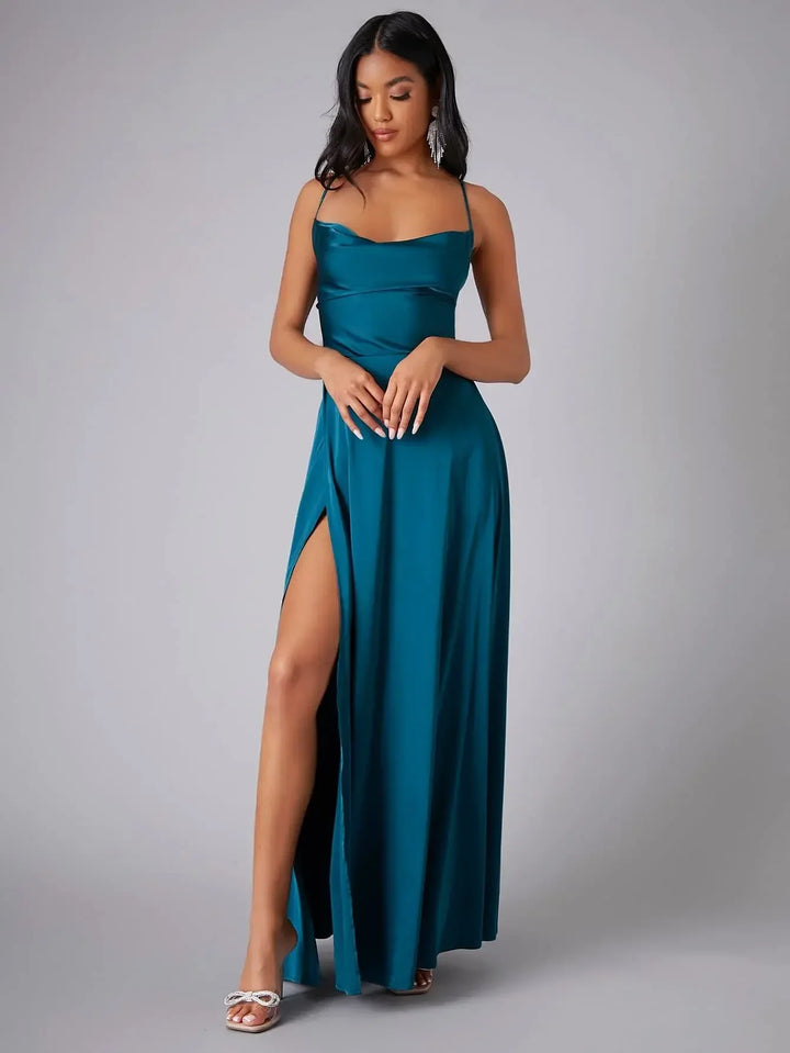 Maxi Satin Dress with Slit Detail and Back Tie - Leona