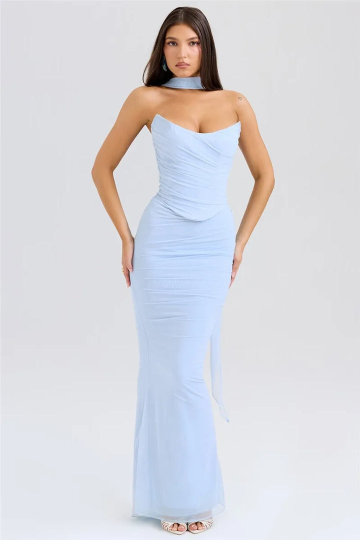 Two-Piece Set with Strapless Top and Maxi Skirt with Matching Scarf Detail - Francia