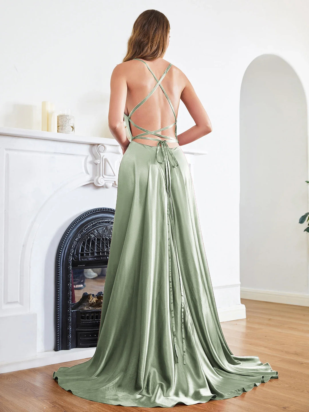 Elegant Maxi Satin Dress with Slit, A-Line Design, Back Tie - Prince