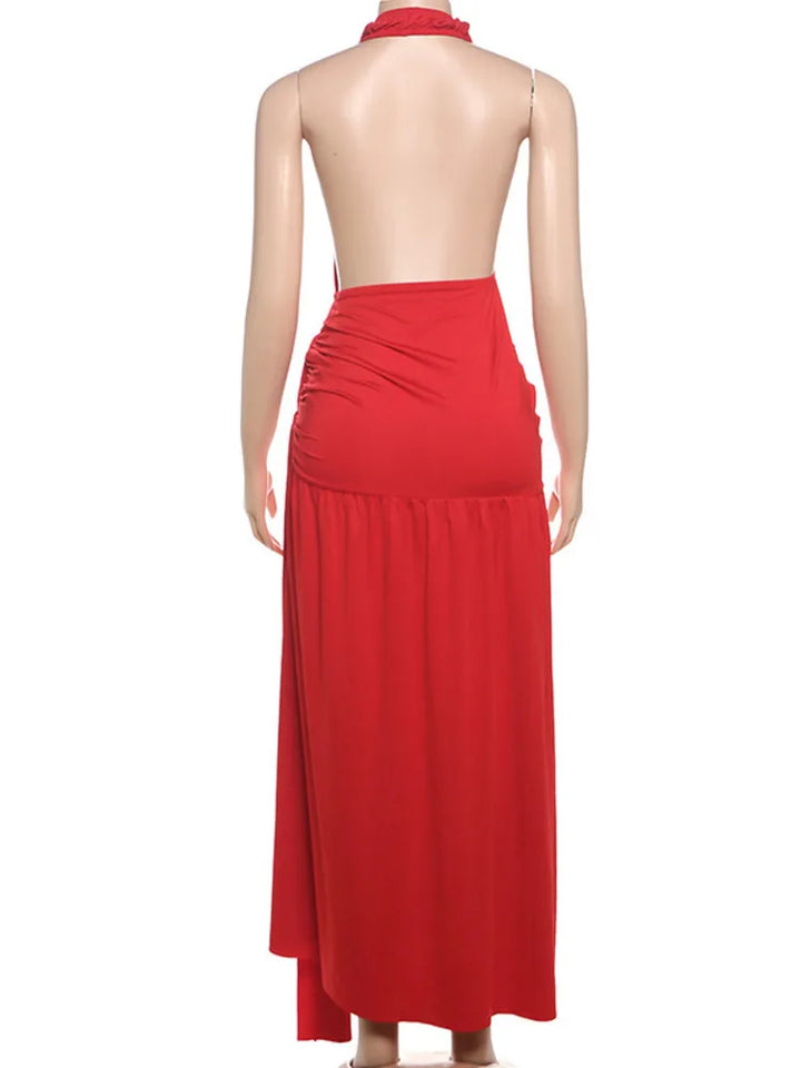 Ruched Maxi Dress with Tie Decoration, Open Back, and Deep V Neckline - Peleg