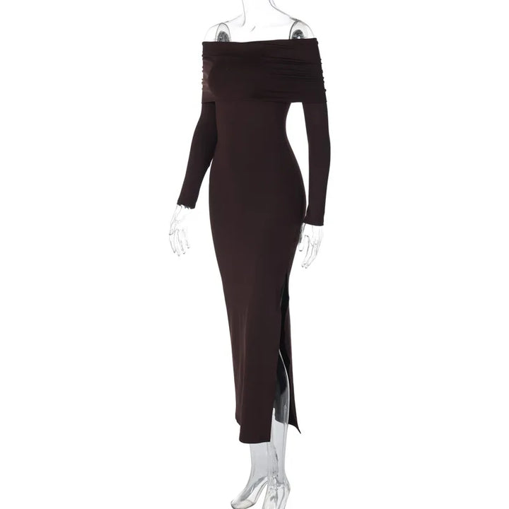 Maxi evening dress with slit and off-the-shoulder design - Natali