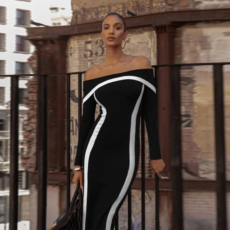 Off-shoulder maxi dress with contour line decoration - Katie