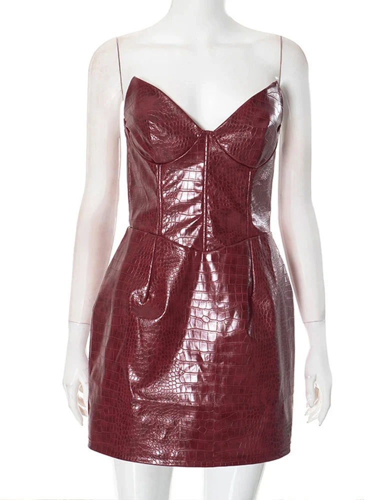 Strapless Faux Leather Mini Dress with Corset Design - Kailani