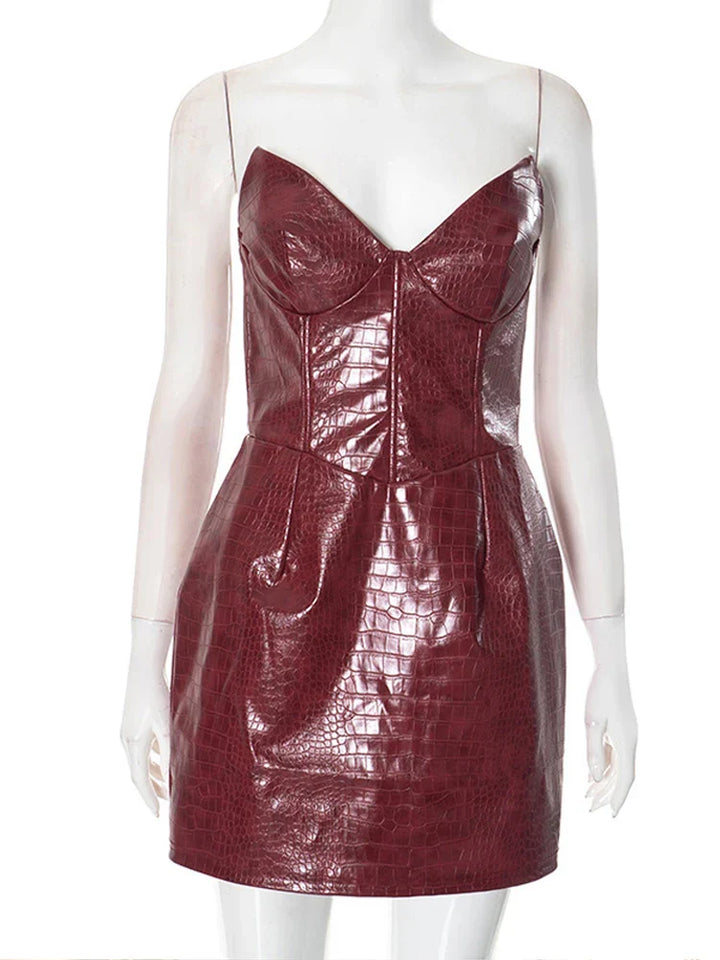 Strapless Faux Leather Mini Dress with Corset Design - Kailani
