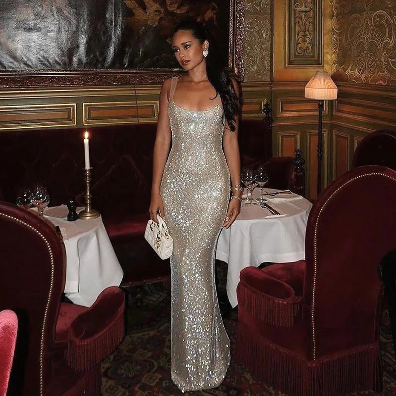 Sequin maxi dress with open back - SPARKLE