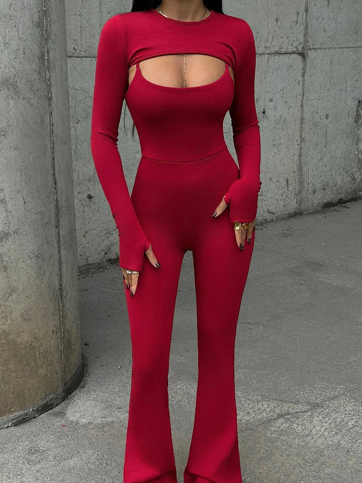 Pedal Pusher Jumpsuit with Shaping Fabric and Overlay Design - Vini