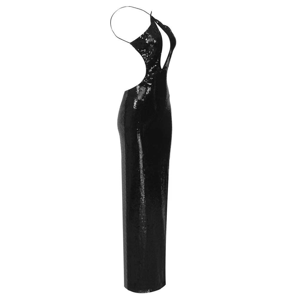 Sequin Maxi Dress with Cross Design and Open Back - Blake